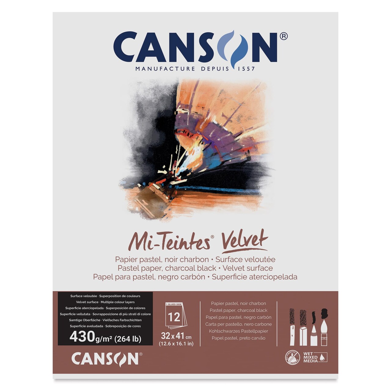 Canson Mi-Teintes Velvet Paper Pad - 12.6" x 16.1", Charcoal Black, 12 Sheets